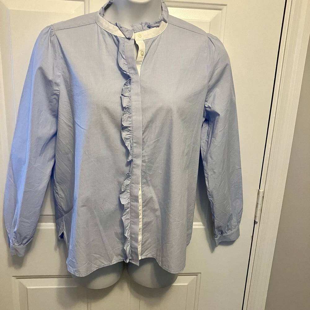 Ann Taylor LOFT Sz Large Blue/White  Long Sleeve Ruffle Collar Button‎ Up Shirt